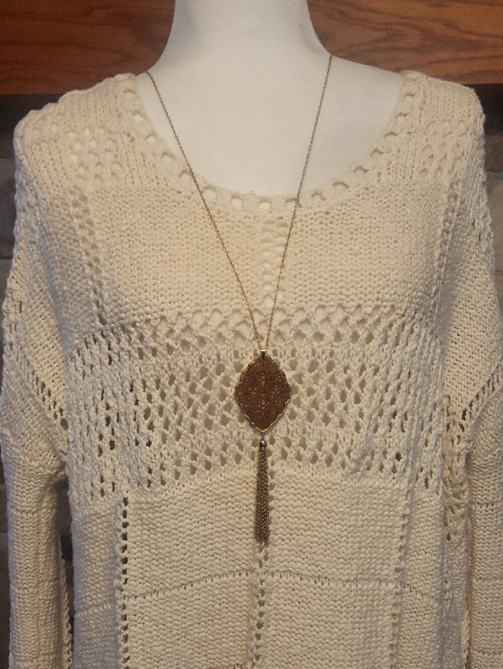 Women's Cream Scoop-Neck Open Knit Sweater With Bonus Necklace - Picture 2 of 14